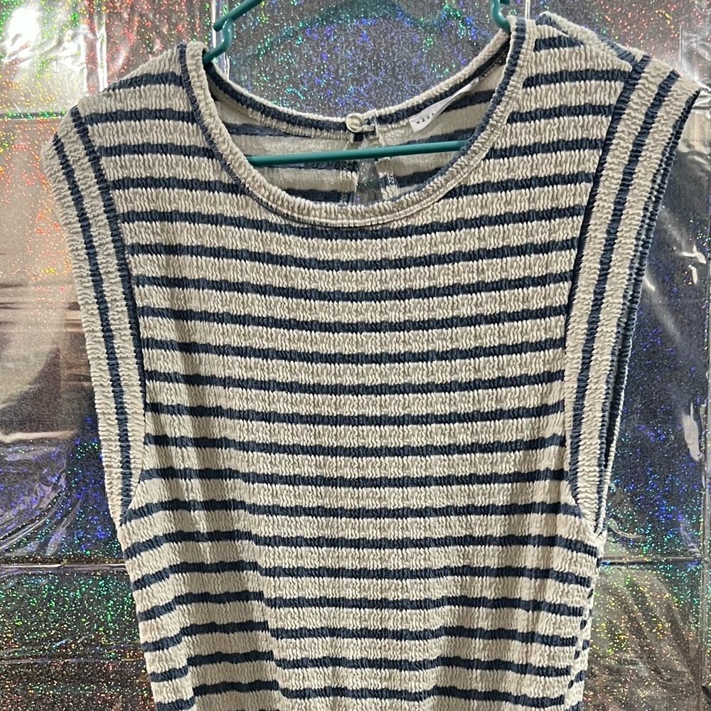 Wasabi + Mint Blue Cream Striped Textured Romper Tie Waist Size S